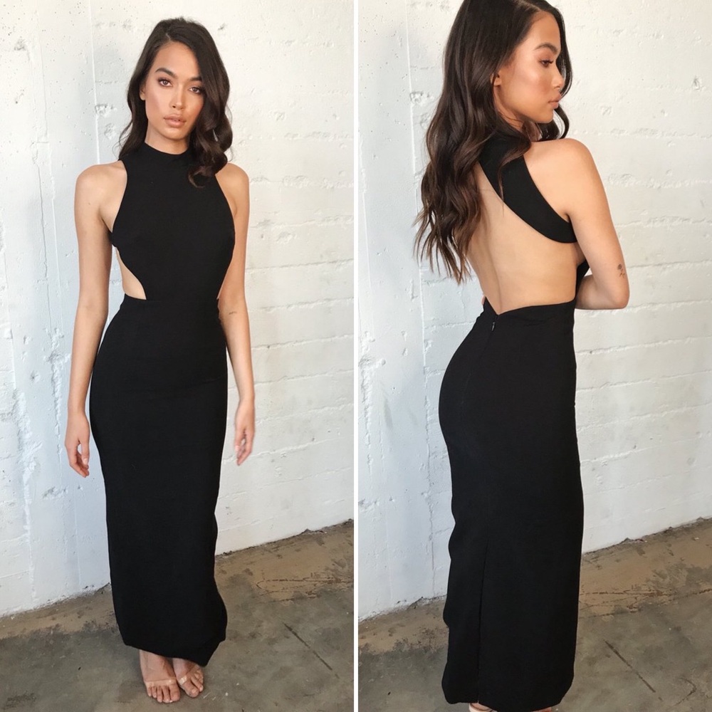 HOUSE OF CB Lia Dress Black Maxi Open Back High Neck Side Cutouts Size Small NEW